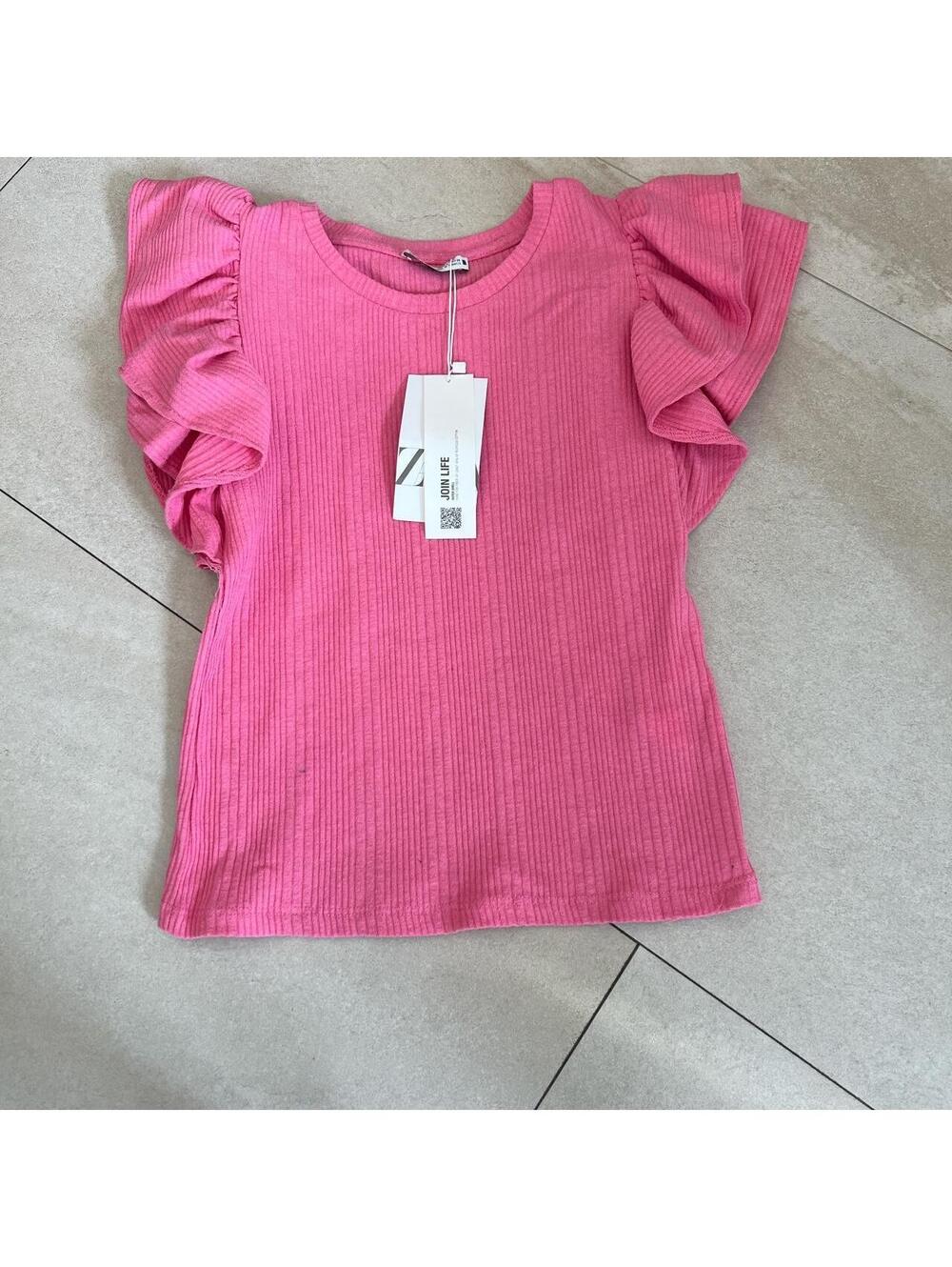 Zara Pink Ruffle Sleeve Ribbed Top Size S